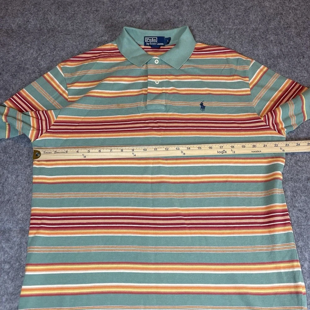 VTG Polo Ralph Lauren‎ Striped Shirt Mens XL Green Orange Sunset Cotton Slit Hem